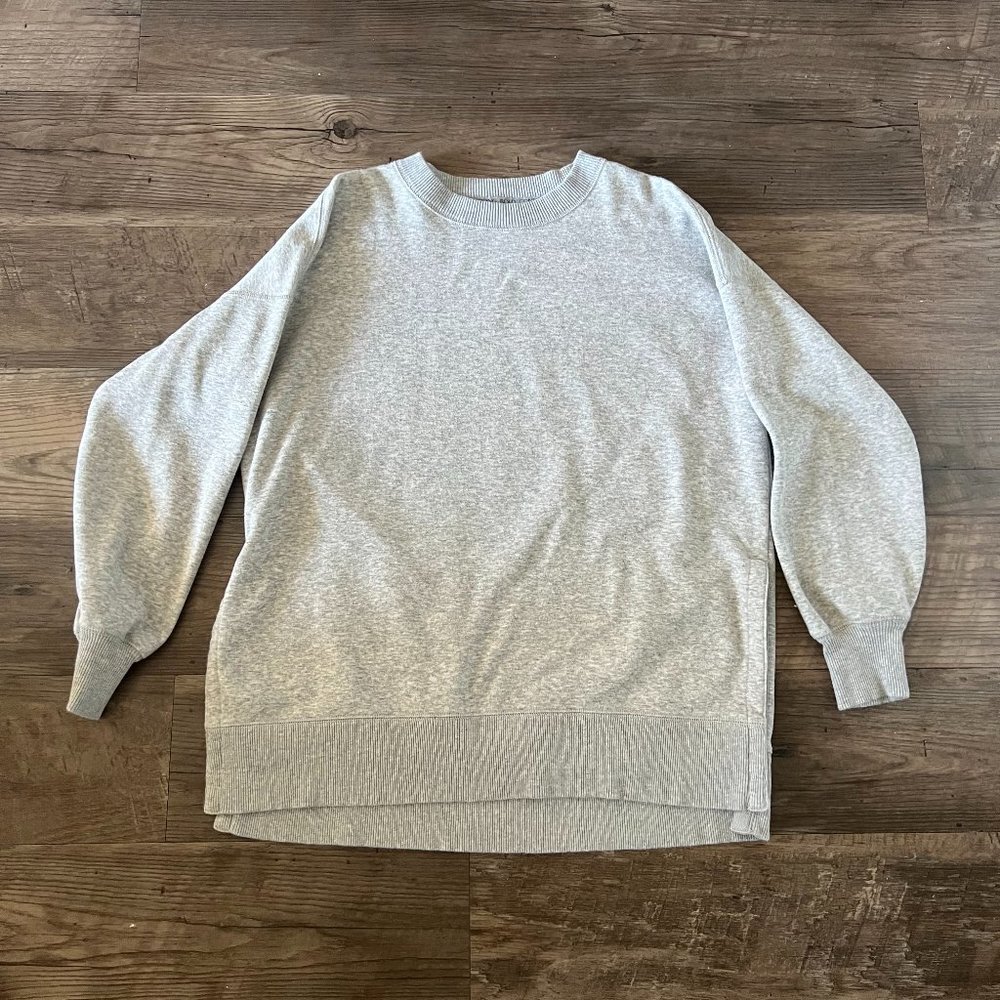aerie Oversized Grey Crew Neck Split-Hem Sweatshirt, XS